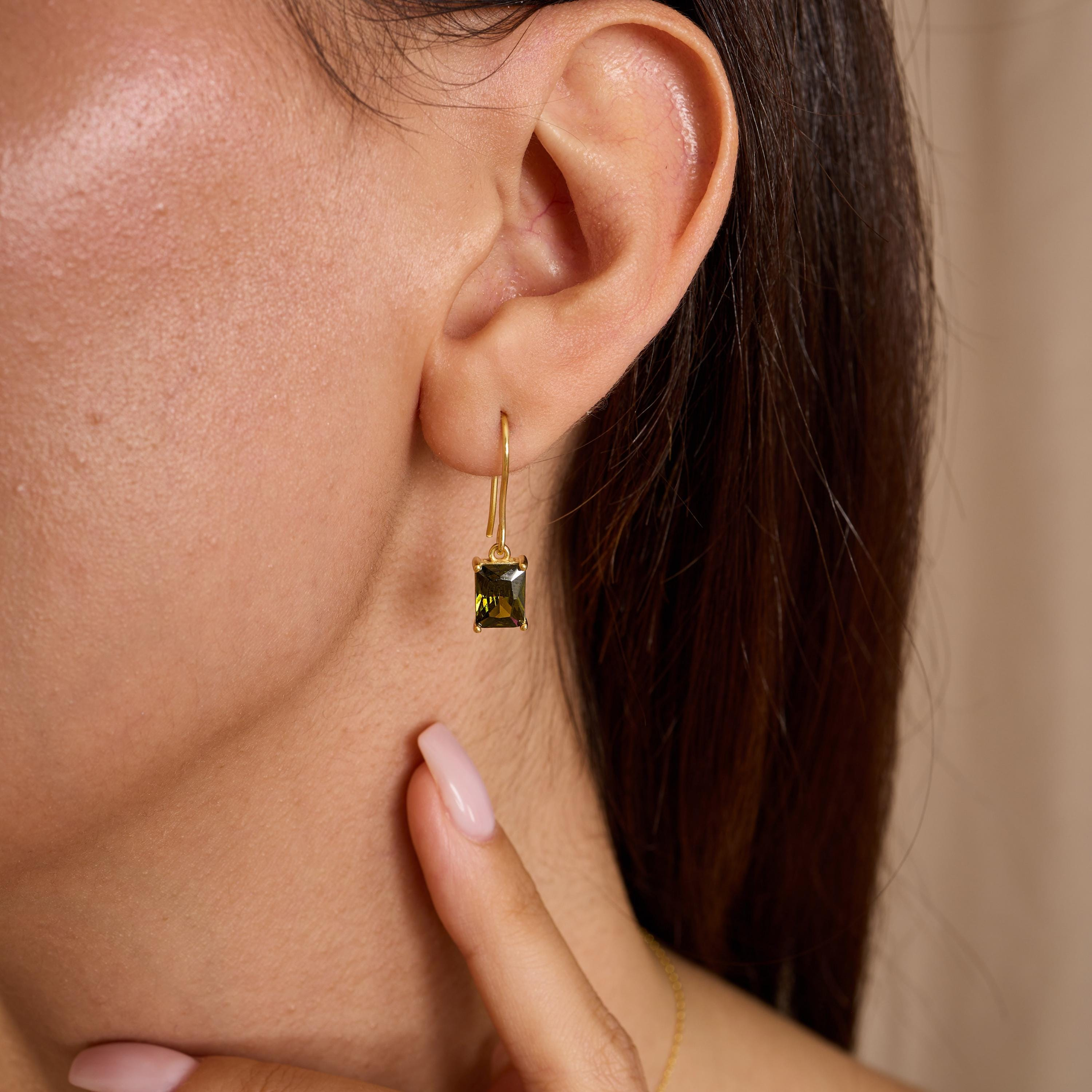 Olive Green Square Crystal Drop Earrings
