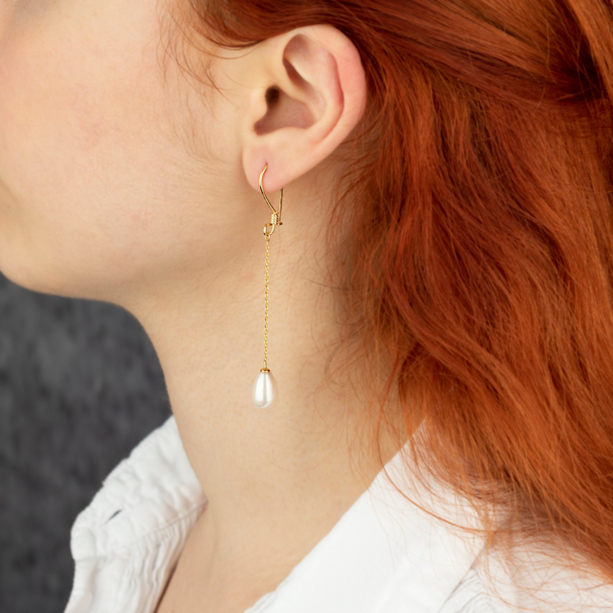 Long Chain Pearl Drop Earrings with Minimalist Hook Design