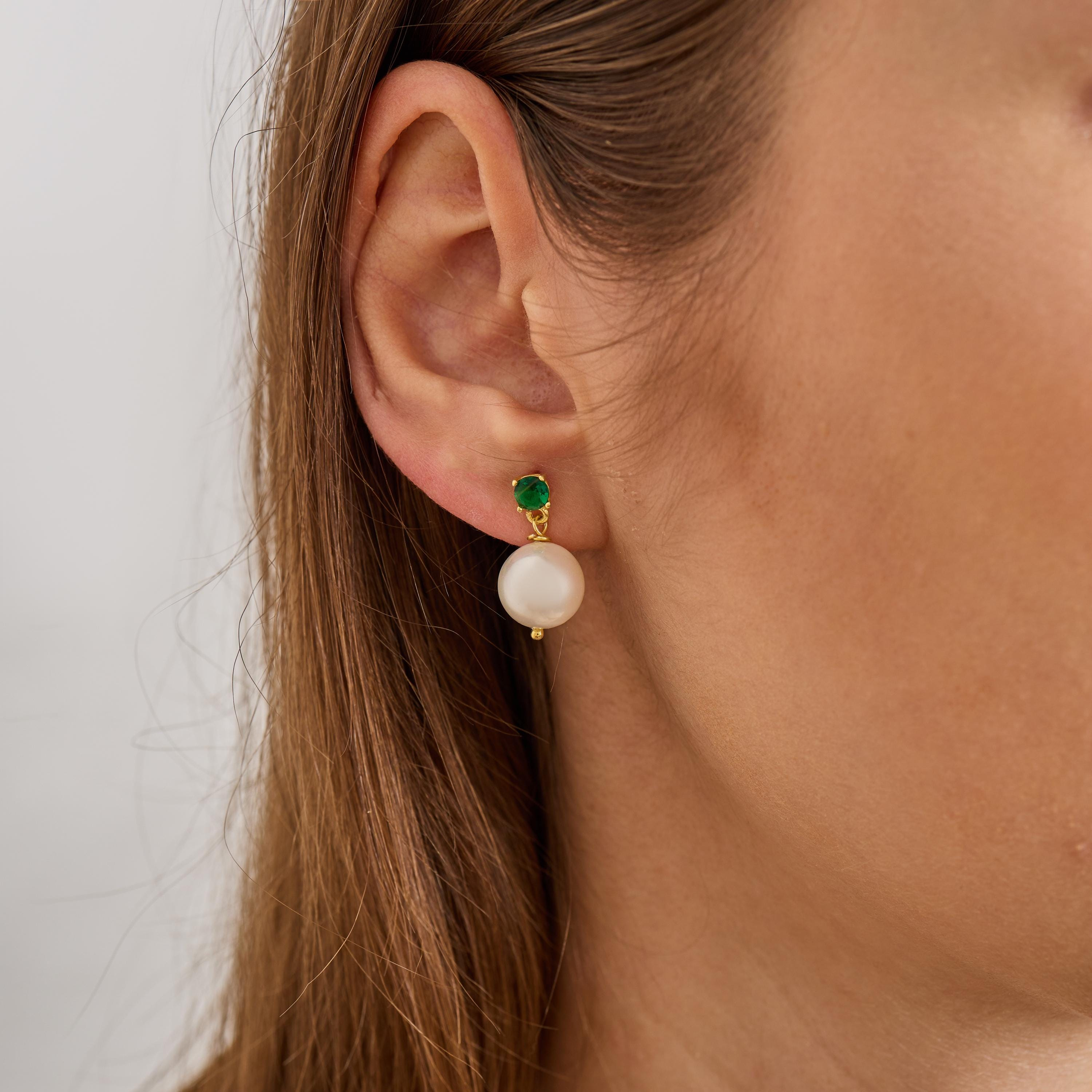 Green Stone White Bead Drop Earrings